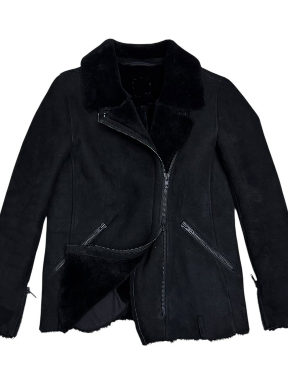 100% LAMB SHEARLING Just Female Vintage Luxury Jacket Coat Bomber Womens Small